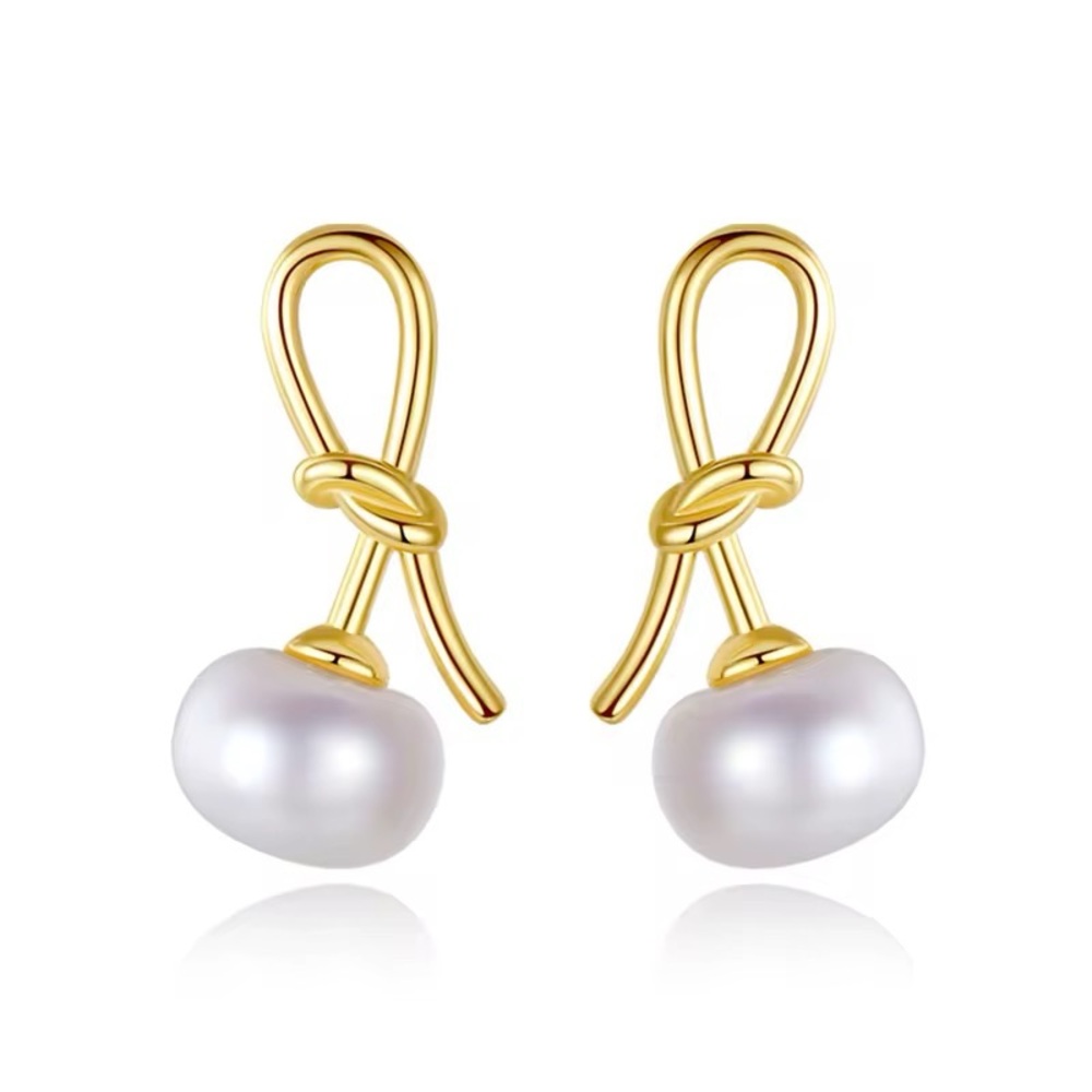 •Delicate High-End S925 Silver Small Knot\Bow Natural Pearl Hoop Earrings